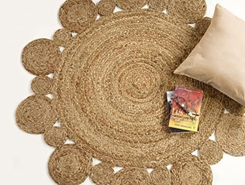 GRUHUM Round Jute Area Rug 9ft Natural Fiber Multicolour Handmade Boho Charm Farmhouse Soft Braided Rustic Vintage Rug for Indoor Kitchen Bedroom Living Room Hallways Enterways(9' feet Round)