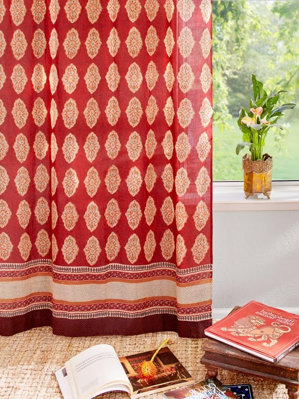 White Sheer Curtain Panel with Tieback, Ivy Lace Leaf Design Tab Top for Light Filtering & Privacy 100% Cotton Voile Hand Block Printed 44 x 84 Inches