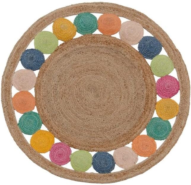 GRUHUM Round Jute Area Rug 9ft Natural Fiber Multicolour Handmade Boho Charm Farmhouse Soft Braided Rustic Vintage Rug for Indoor Kitchen Bedroom Living Room Hallways Enterways(9' feet Round)