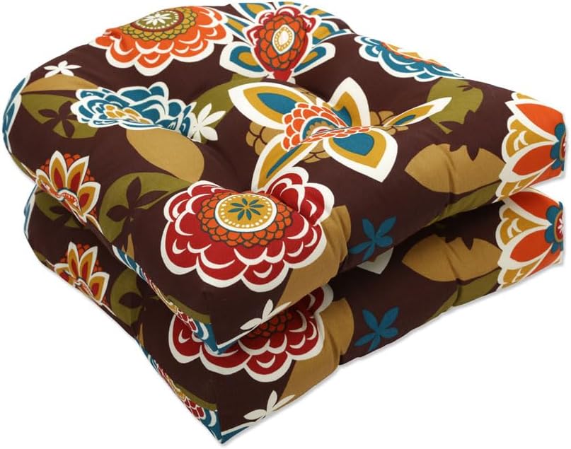 Pillow Perfect Floral Indoor/Outdoor Chair Seat Cushion, Tufted, Weather, and Fade Resistant, 19" x 19", Blue/Yellow Spring Bling, 2 Count