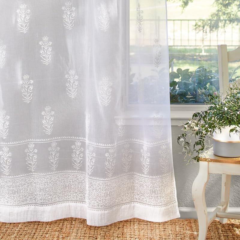 White Sheer Curtain Panel with Tieback, Ivy Lace Leaf Design Tab Top for Light Filtering & Privacy 100% Cotton Voile Hand Block Printed 44 x 84 Inches
