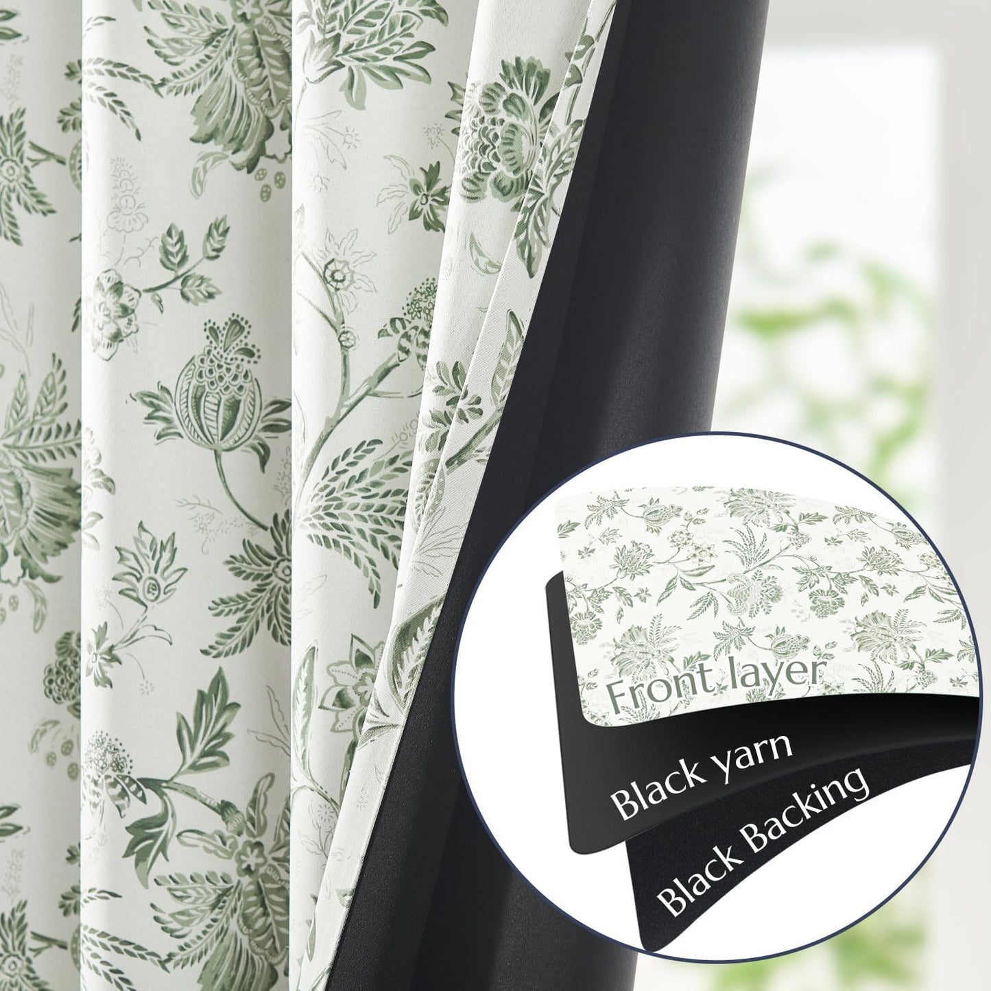 jinchan Blackout Floral Curtains for Bedroom, 96 Inches Long Printed Flower Black Out Curtains, French Country Back Tab Sage Green Window Treatment Farmhouse Drapes Set 2 Panels Green