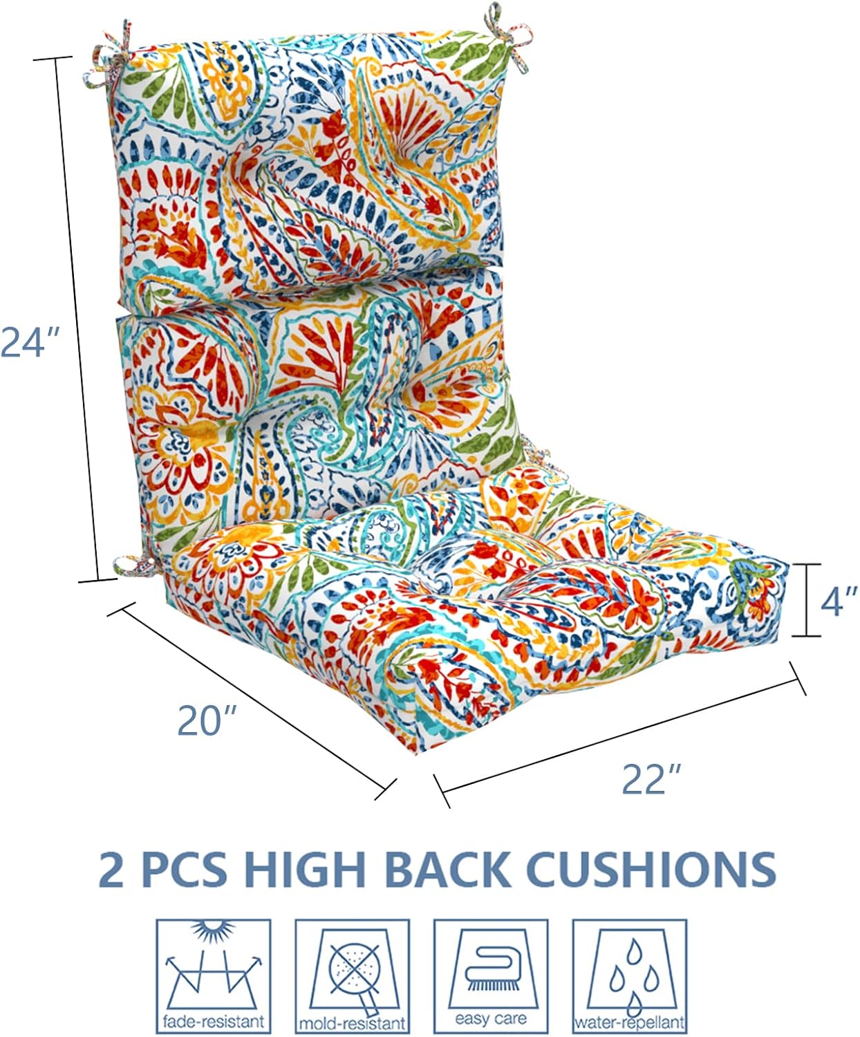 LVTXIII 2 Pack Outdoor/Indoor High Back Chair Cushions, Deep Seat Patio Seat and Back Cushion Set, Stuffed High Rebound Foam Rocking Chair Cushions, 44"x22"x4", Paisley Ummi Multi