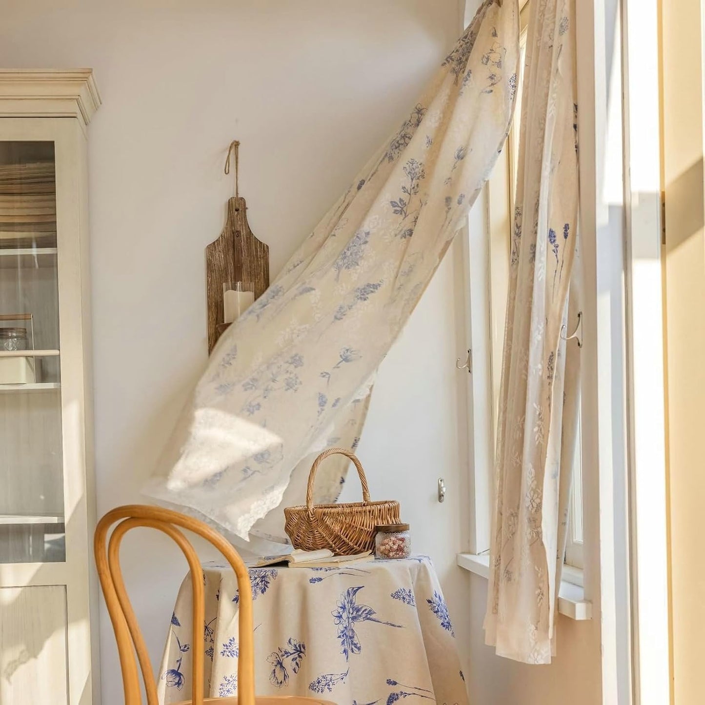 Daesar Semi Blackout Curtains for Bedroom 2 Panels, Polyester Cotton Rod Pocket Window Curtains 55" W x 87" H Drapes Double Layered Flowers Lace Beige Blue Blackout Curtains for Living Room
