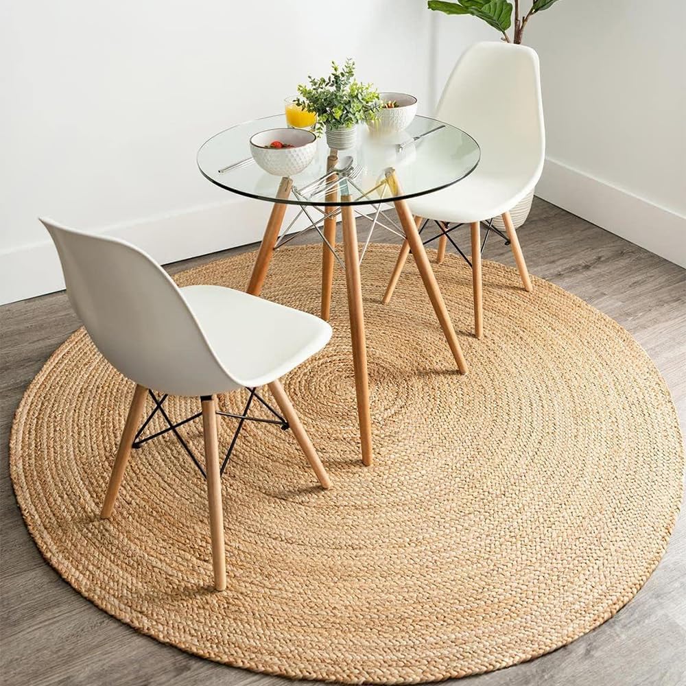 GRUHUM Round Jute Area Rug 9ft Natural Fiber Multicolour Handmade Boho Charm Farmhouse Soft Braided Rustic Vintage Rug for Indoor Kitchen Bedroom Living Room Hallways Enterways(9' feet Round)
