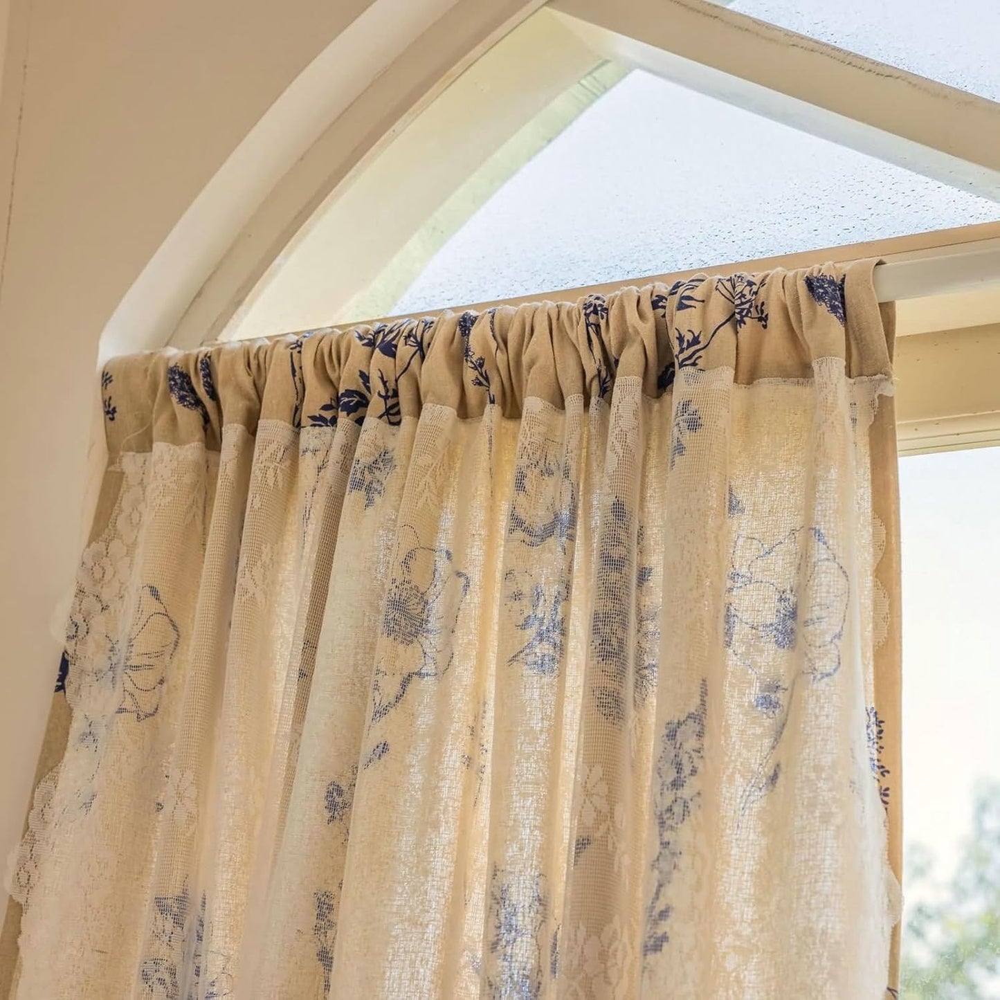 Daesar Semi Blackout Curtains for Bedroom 2 Panels, Polyester Cotton Rod Pocket Window Curtains 55" W x 87" H Drapes Double Layered Flowers Lace Beige Blue Blackout Curtains for Living Room