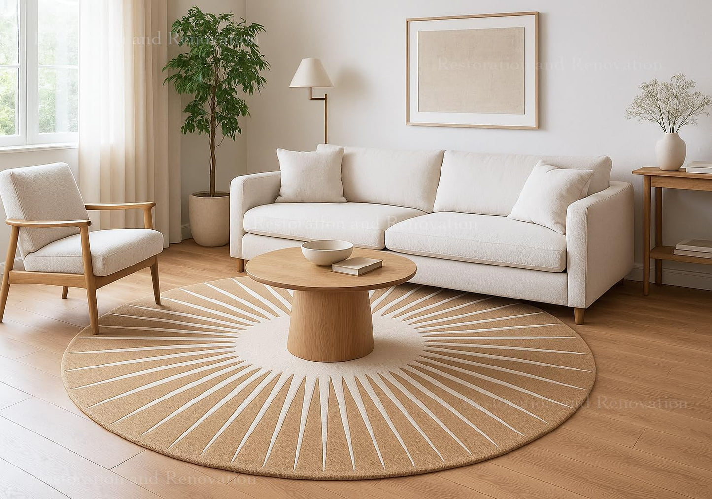 Modern Round Area Rug – Hand-Tufted with 100% NZ Wool, Thick & Soft Circular Carpet for Living Room, Bedroom & Dining Room Decor (Warm Natural, 5' Round)