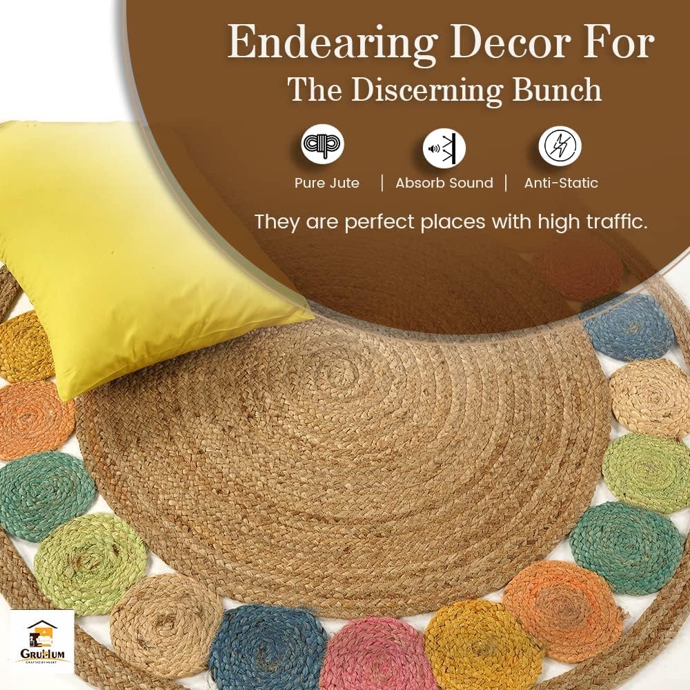 GRUHUM Round Jute Area Rug 9ft Natural Fiber Multicolour Handmade Boho Charm Farmhouse Soft Braided Rustic Vintage Rug for Indoor Kitchen Bedroom Living Room Hallways Enterways(9' feet Round)