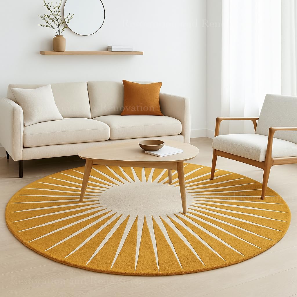 Modern Round Area Rug – Hand-Tufted with 100% NZ Wool, Thick & Soft Circular Carpet for Living Room, Bedroom & Dining Room Decor (Warm Natural, 5' Round)