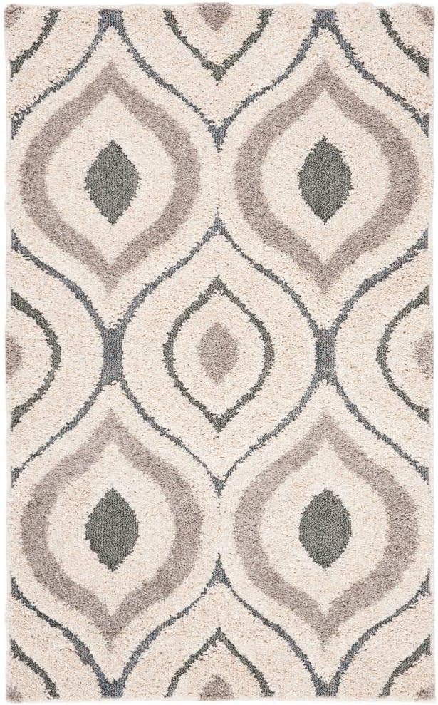 SAFAVIEH Florida Shag Collection Area Rug - 6'7" Round, Cream & Smoke, Modern Ogee Design, Non-Shedding & Easy Care, 1.2-inch Thick Ideal for High Traffic Areas in Living Room, Bedroom (SG461-1179)