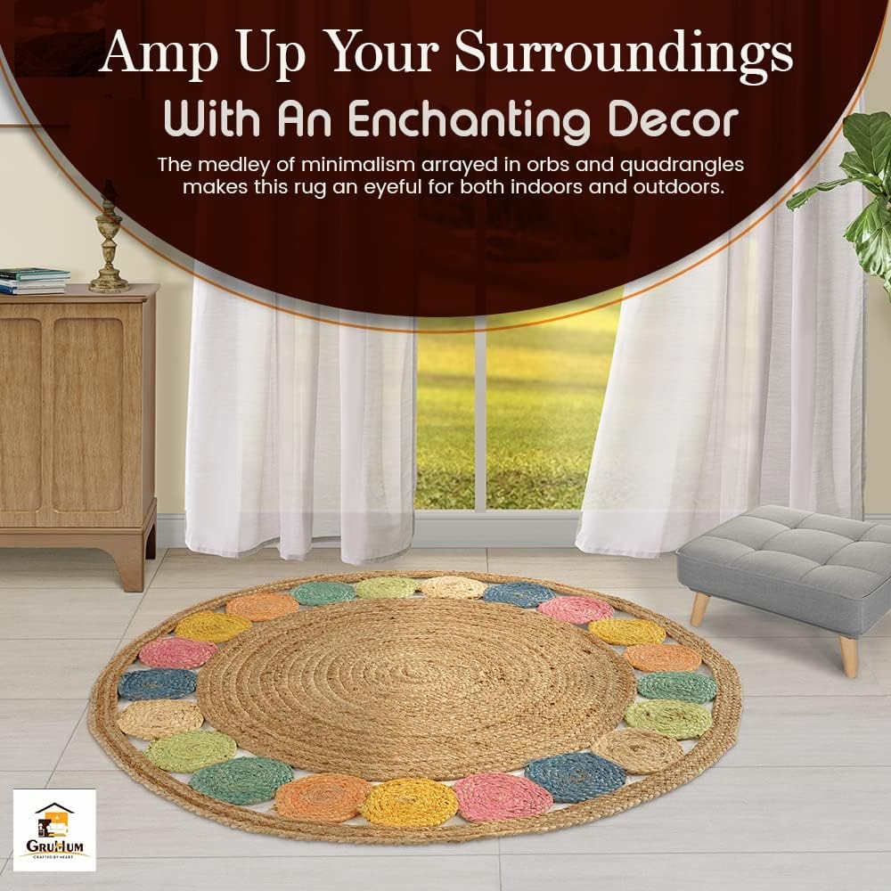 GRUHUM Round Jute Area Rug 9ft Natural Fiber Multicolour Handmade Boho Charm Farmhouse Soft Braided Rustic Vintage Rug for Indoor Kitchen Bedroom Living Room Hallways Enterways(9' feet Round)