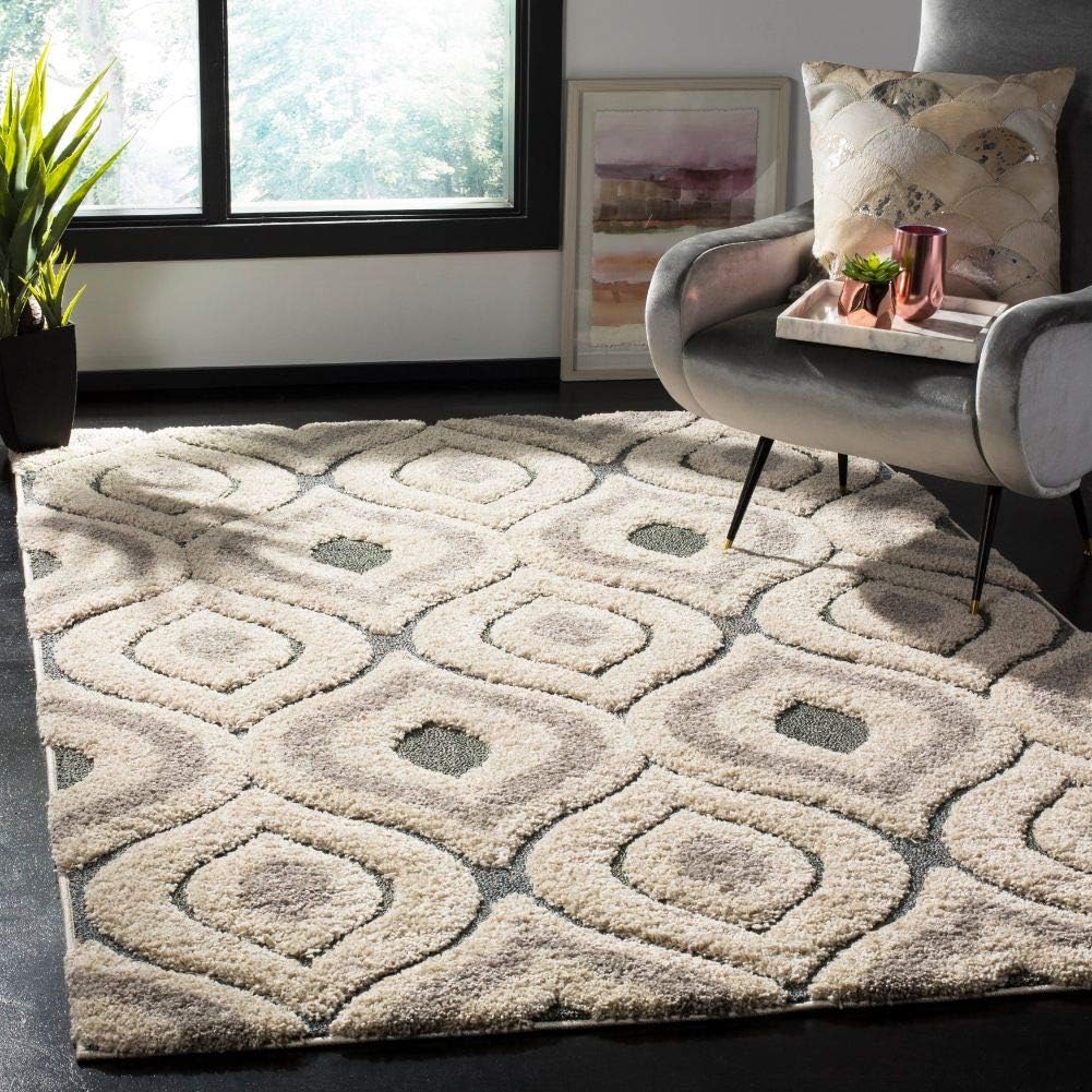 SAFAVIEH Florida Shag Collection Area Rug - 6'7" Round, Cream & Smoke, Modern Ogee Design, Non-Shedding & Easy Care, 1.2-inch Thick Ideal for High Traffic Areas in Living Room, Bedroom (SG461-1179)