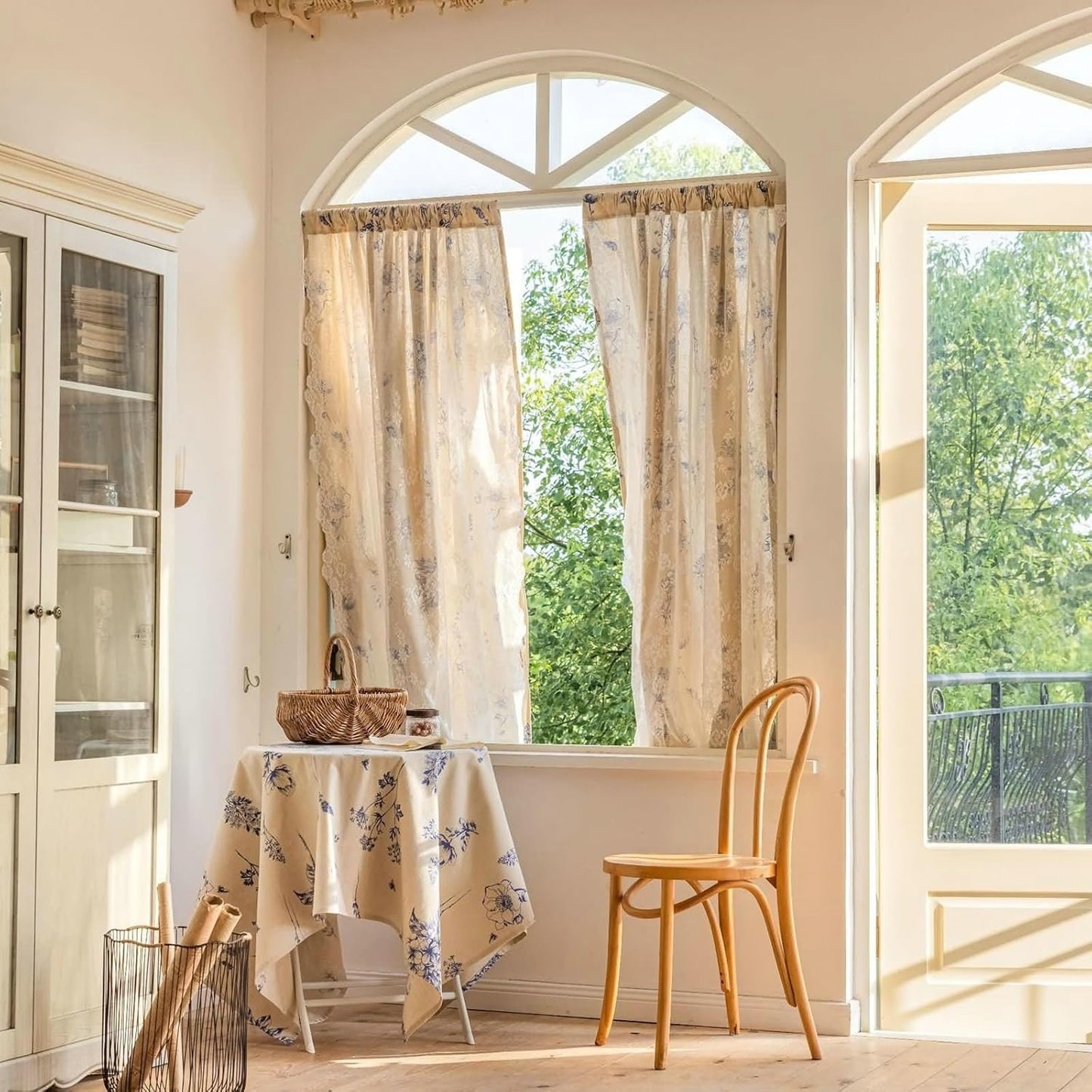 Daesar Semi Blackout Curtains for Bedroom 2 Panels, Polyester Cotton Rod Pocket Window Curtains 55" W x 87" H Drapes Double Layered Flowers Lace Beige Blue Blackout Curtains for Living Room