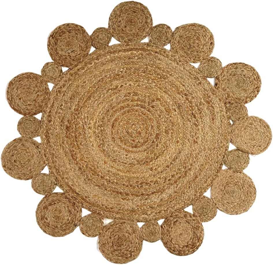 GRUHUM Round Jute Area Rug 9ft Natural Fiber Multicolour Handmade Boho Charm Farmhouse Soft Braided Rustic Vintage Rug for Indoor Kitchen Bedroom Living Room Hallways Enterways(9' feet Round)