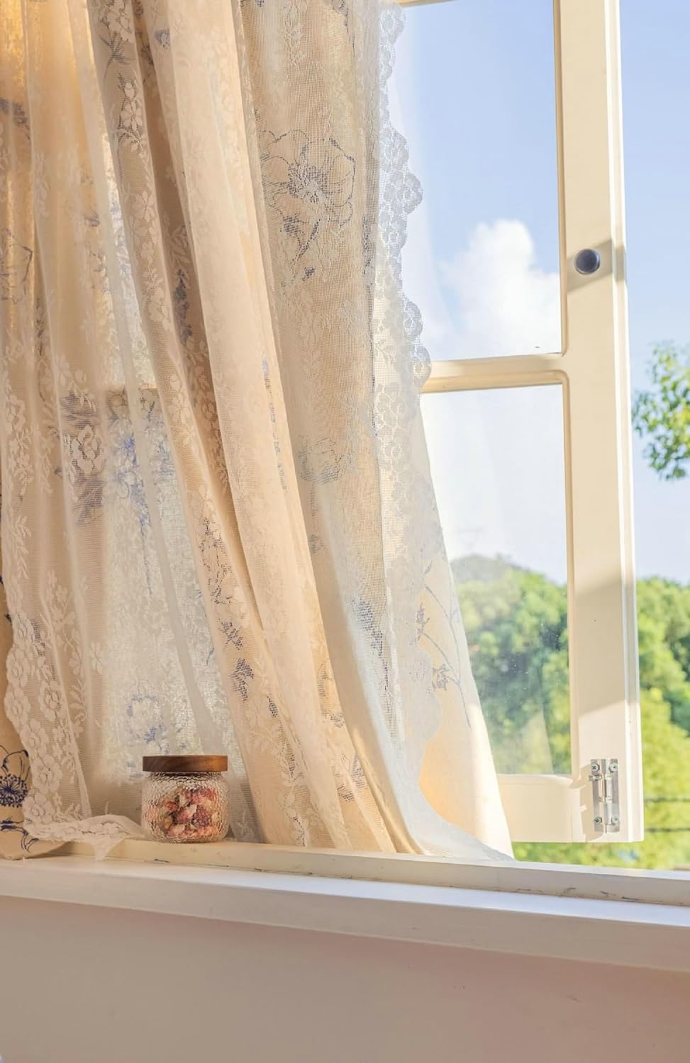 Daesar Semi Blackout Curtains for Bedroom 2 Panels, Polyester Cotton Rod Pocket Window Curtains 55" W x 87" H Drapes Double Layered Flowers Lace Beige Blue Blackout Curtains for Living Room