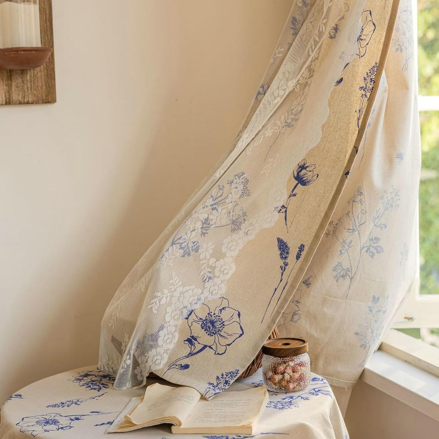 Daesar Semi Blackout Curtains for Bedroom 2 Panels, Polyester Cotton Rod Pocket Window Curtains 55" W x 87" H Drapes Double Layered Flowers Lace Beige Blue Blackout Curtains for Living Room