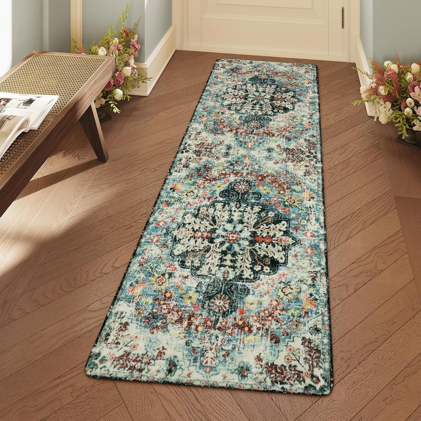 Lahome Bohemian Floral Medallion Round Rug - 4Ft Soft Bedroom Area Rug Oriental Distressed Washable Entryway Foyer Throw Mat Non-Slip Door Carpet for Dining Living Room Bedside Nursery, Orange/Multi
