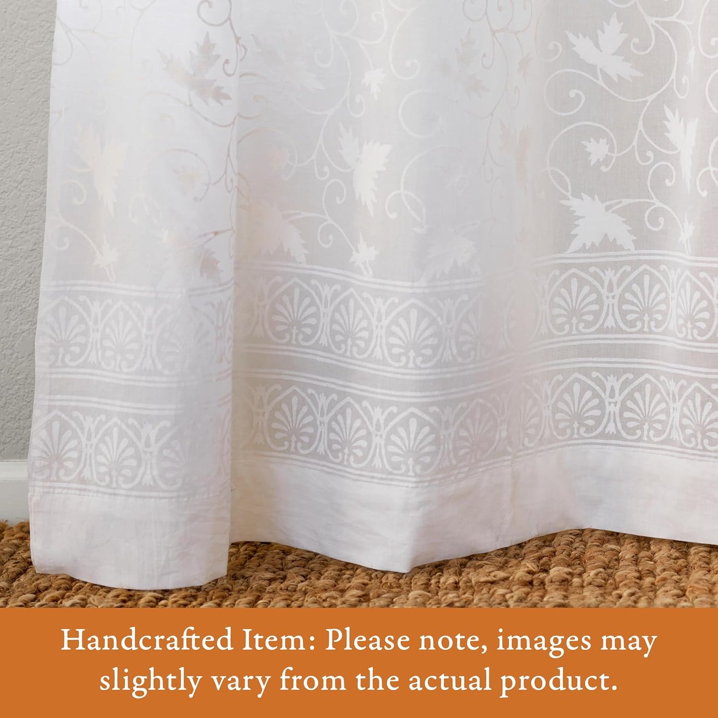 White Sheer Curtain Panel with Tieback, Ivy Lace Leaf Design Tab Top for Light Filtering & Privacy 100% Cotton Voile Hand Block Printed 44 x 84 Inches