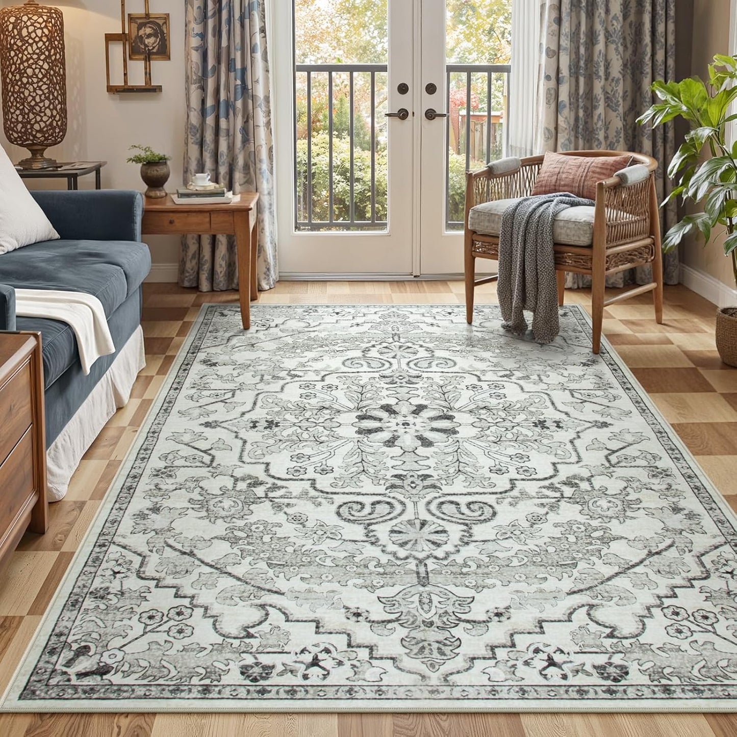Lahome Bohemian Floral Medallion Round Rug - 4Ft Soft Bedroom Area Rug Oriental Distressed Washable Entryway Foyer Throw Mat Non-Slip Door Carpet for Dining Living Room Bedside Nursery, Orange/Multi