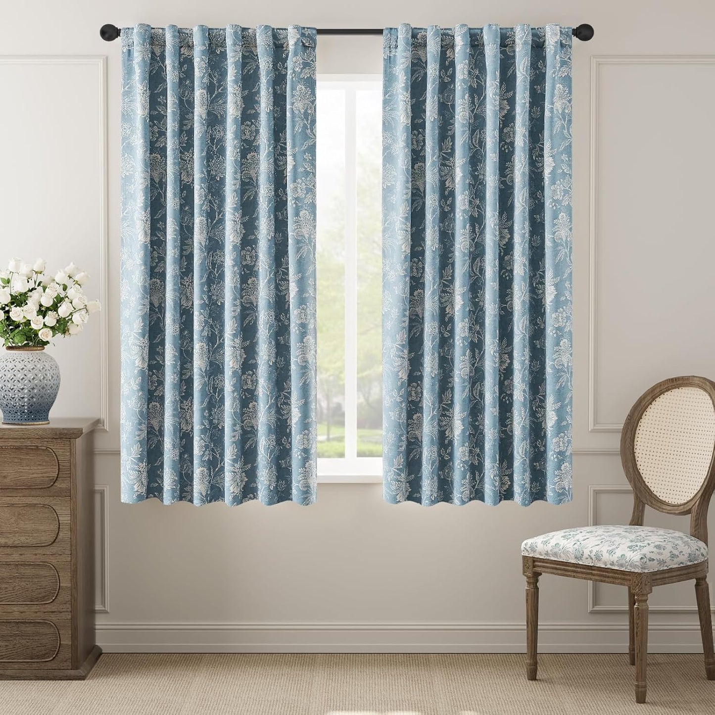 jinchan Blackout Floral Curtains for Bedroom, 96 Inches Long Printed Flower Black Out Curtains, French Country Back Tab Sage Green Window Treatment Farmhouse Drapes Set 2 Panels Green