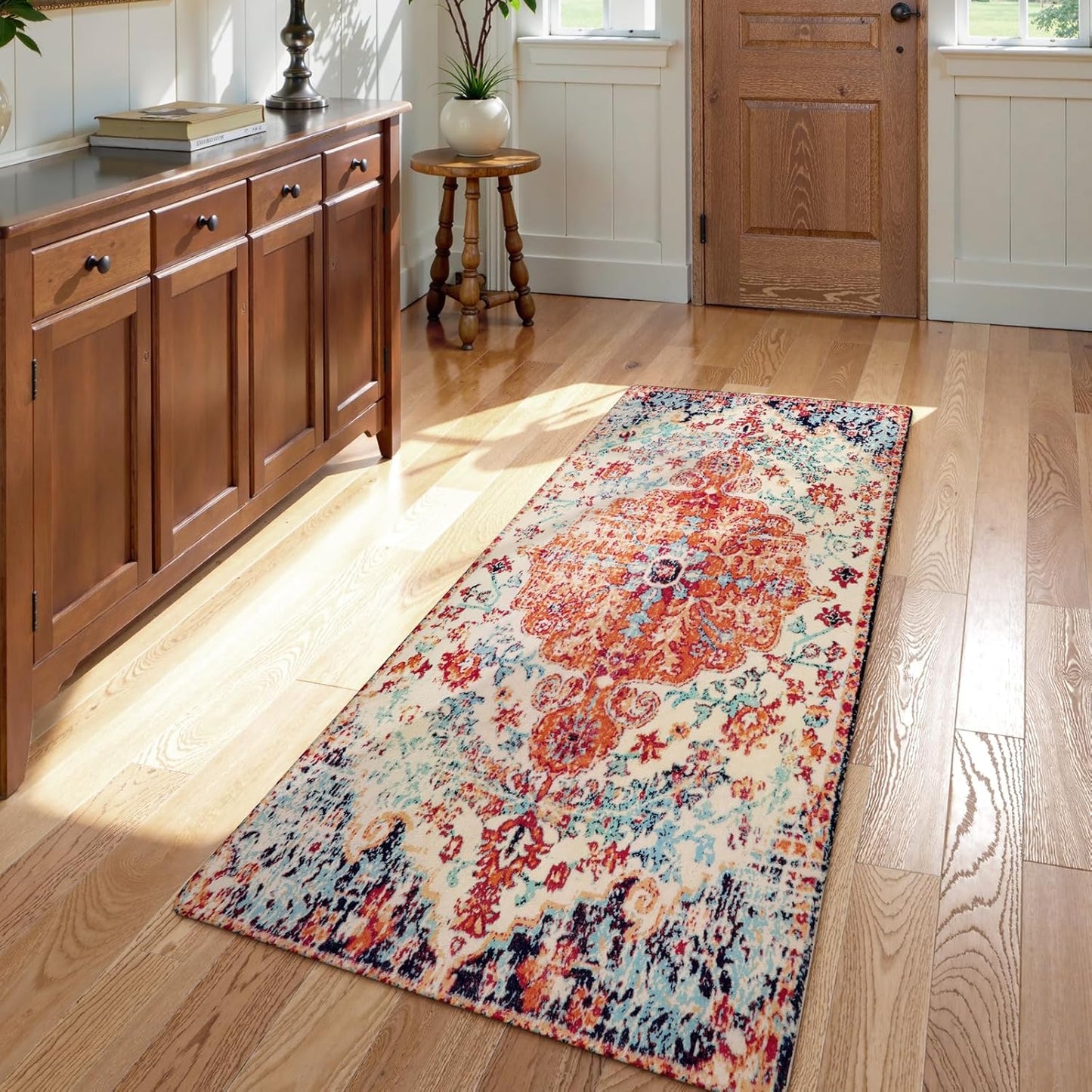 Lahome Bohemian Floral Medallion Round Rug - 4Ft Soft Bedroom Area Rug Oriental Distressed Washable Entryway Foyer Throw Mat Non-Slip Door Carpet for Dining Living Room Bedside Nursery, Orange/Multi