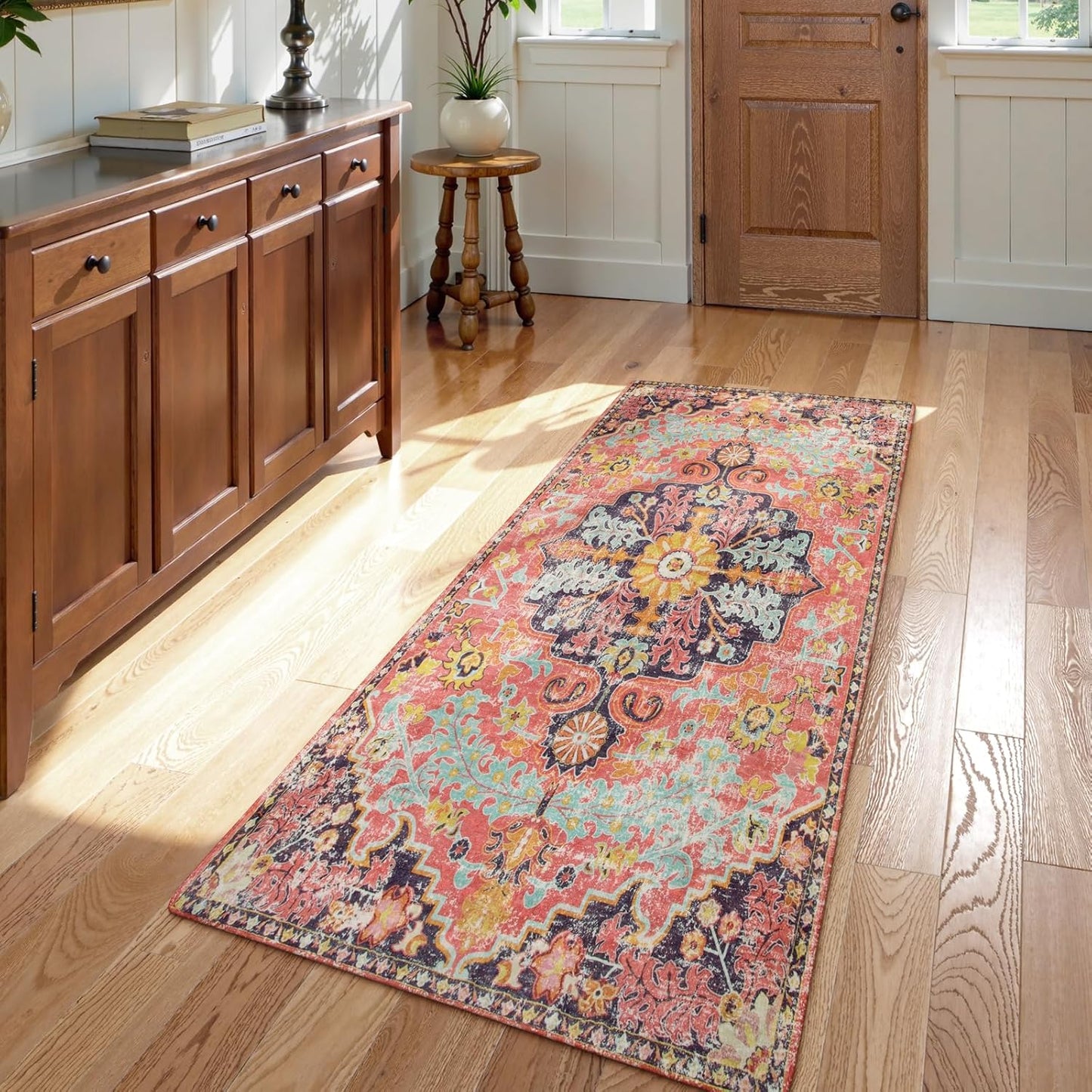 Lahome Bohemian Floral Medallion Round Rug - 4Ft Soft Bedroom Area Rug Oriental Distressed Washable Entryway Foyer Throw Mat Non-Slip Door Carpet for Dining Living Room Bedside Nursery, Orange/Multi