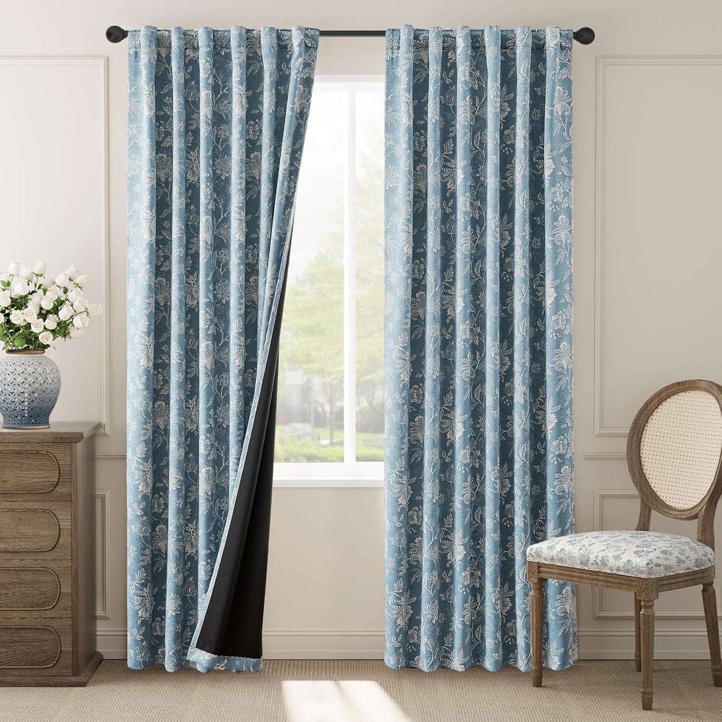 jinchan Blackout Floral Curtains for Bedroom, 96 Inches Long Printed Flower Black Out Curtains, French Country Back Tab Sage Green Window Treatment Farmhouse Drapes Set 2 Panels Green