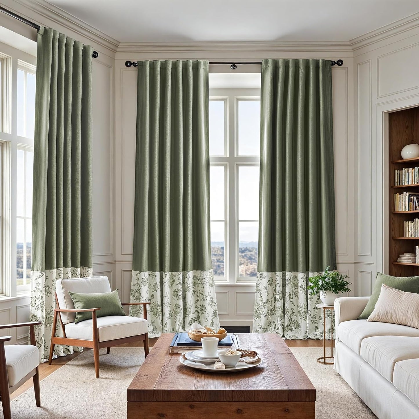 jinchan Blackout Floral Curtains for Bedroom, 96 Inches Long Printed Flower Black Out Curtains, French Country Back Tab Sage Green Window Treatment Farmhouse Drapes Set 2 Panels Green