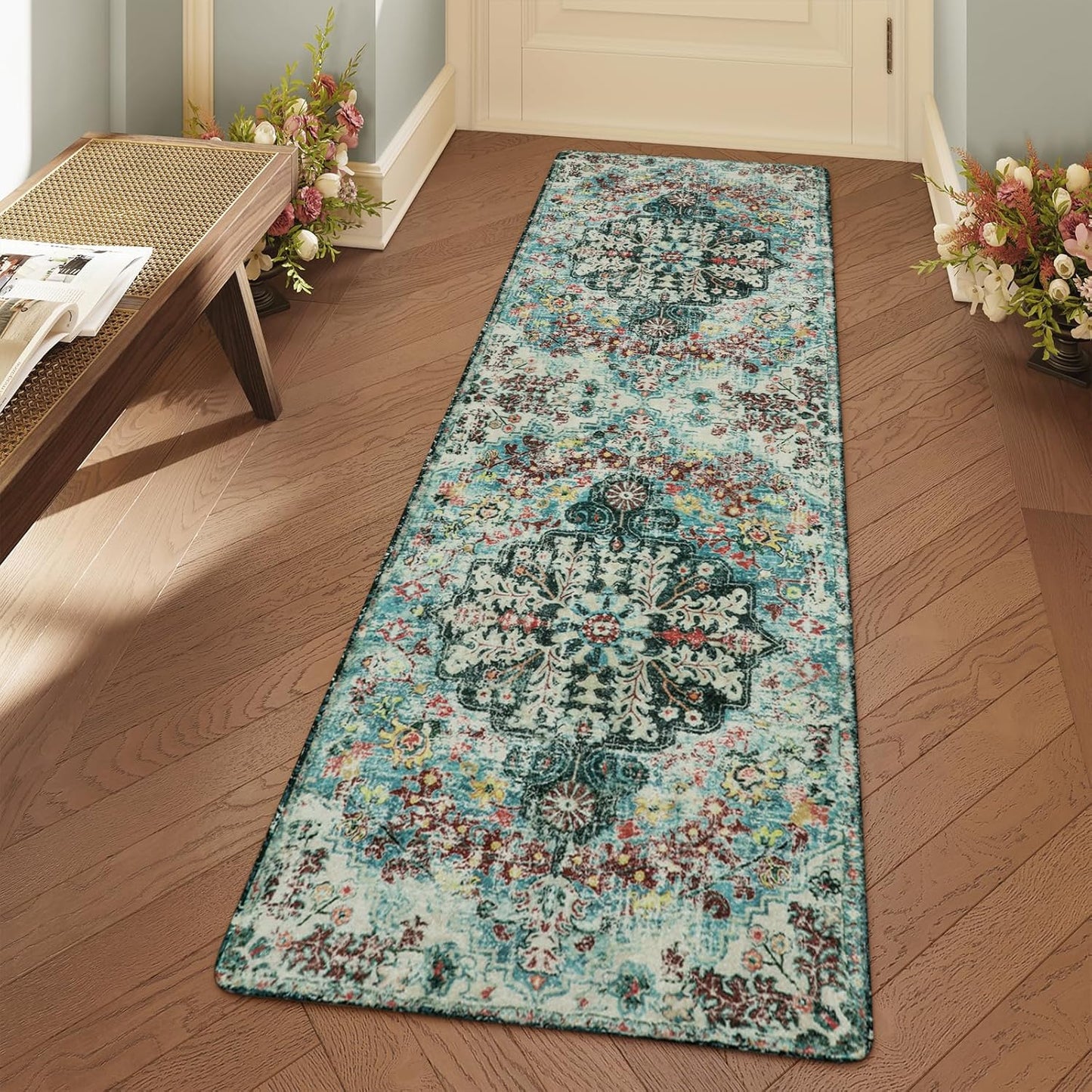 Lahome Bohemian Floral Medallion Round Rug - 4Ft Soft Bedroom Area Rug Oriental Distressed Washable Entryway Foyer Throw Mat Non-Slip Door Carpet for Dining Living Room Bedside Nursery, Orange/Multi
