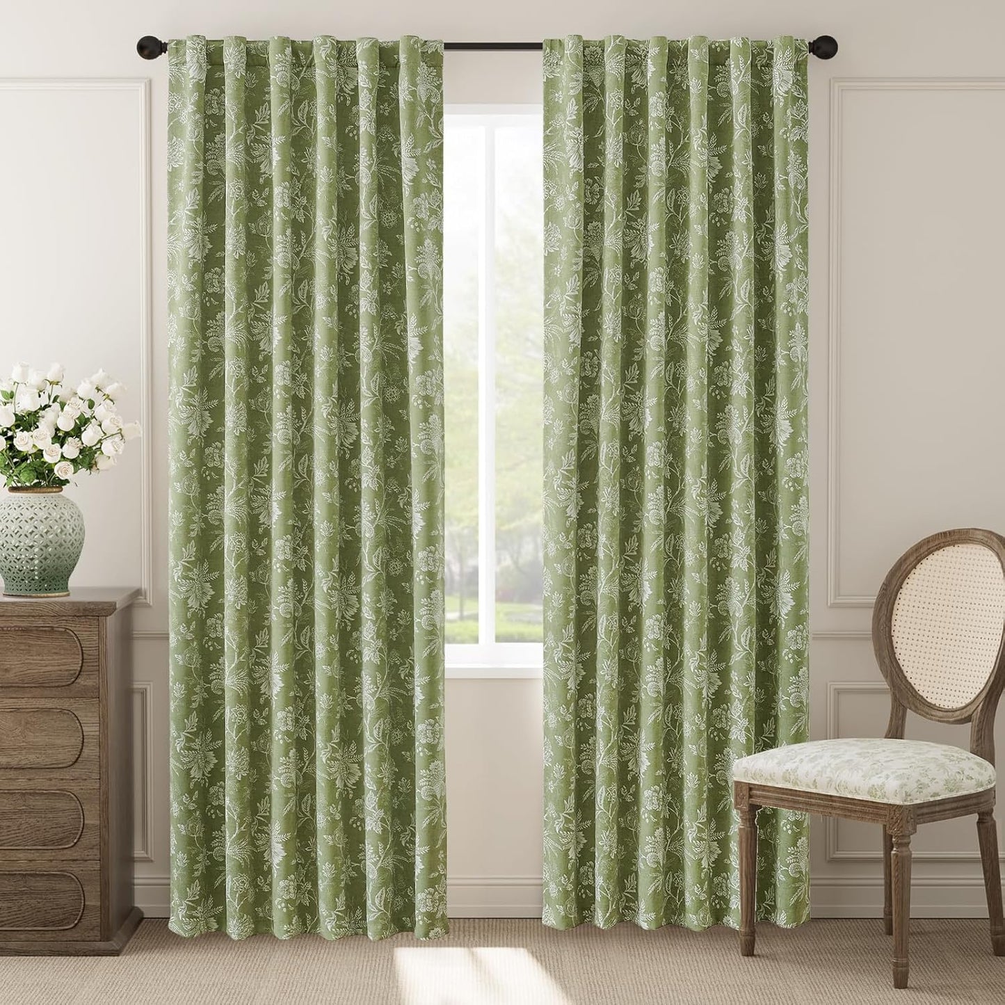 jinchan Blackout Floral Curtains for Bedroom, 96 Inches Long Printed Flower Black Out Curtains, French Country Back Tab Sage Green Window Treatment Farmhouse Drapes Set 2 Panels Green