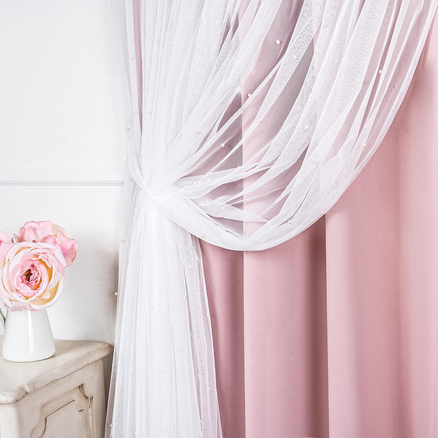 Best Home Fashion Pearl Beaded Lace Overlay Blackout Curtain Set, Double Layer Silver Grommet Thermal Insulated Window Panels for Bedroom, Living Room, Dining Room- 52" W x 84" L, Dustypink