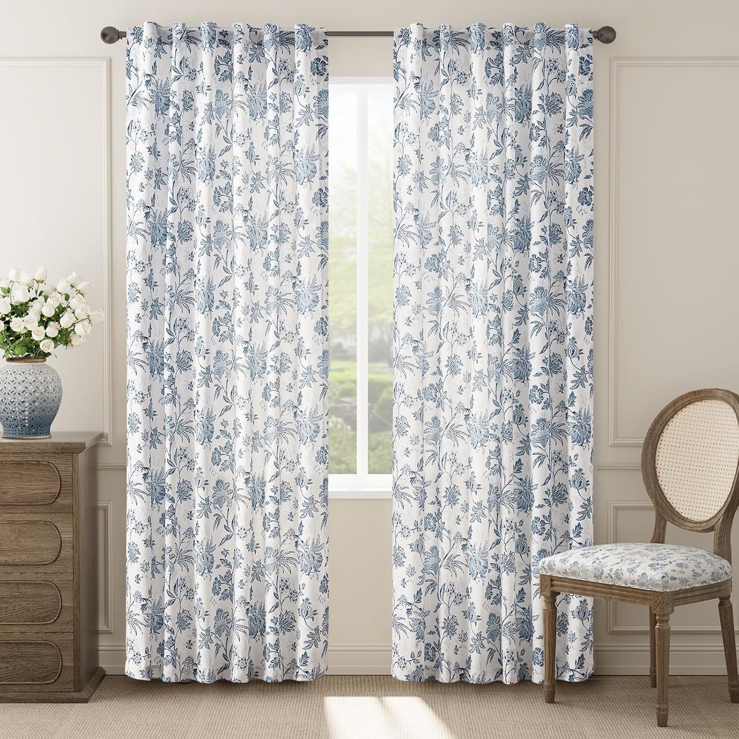 jinchan Blackout Floral Curtains for Bedroom, 96 Inches Long Printed Flower Black Out Curtains, French Country Back Tab Sage Green Window Treatment Farmhouse Drapes Set 2 Panels Green