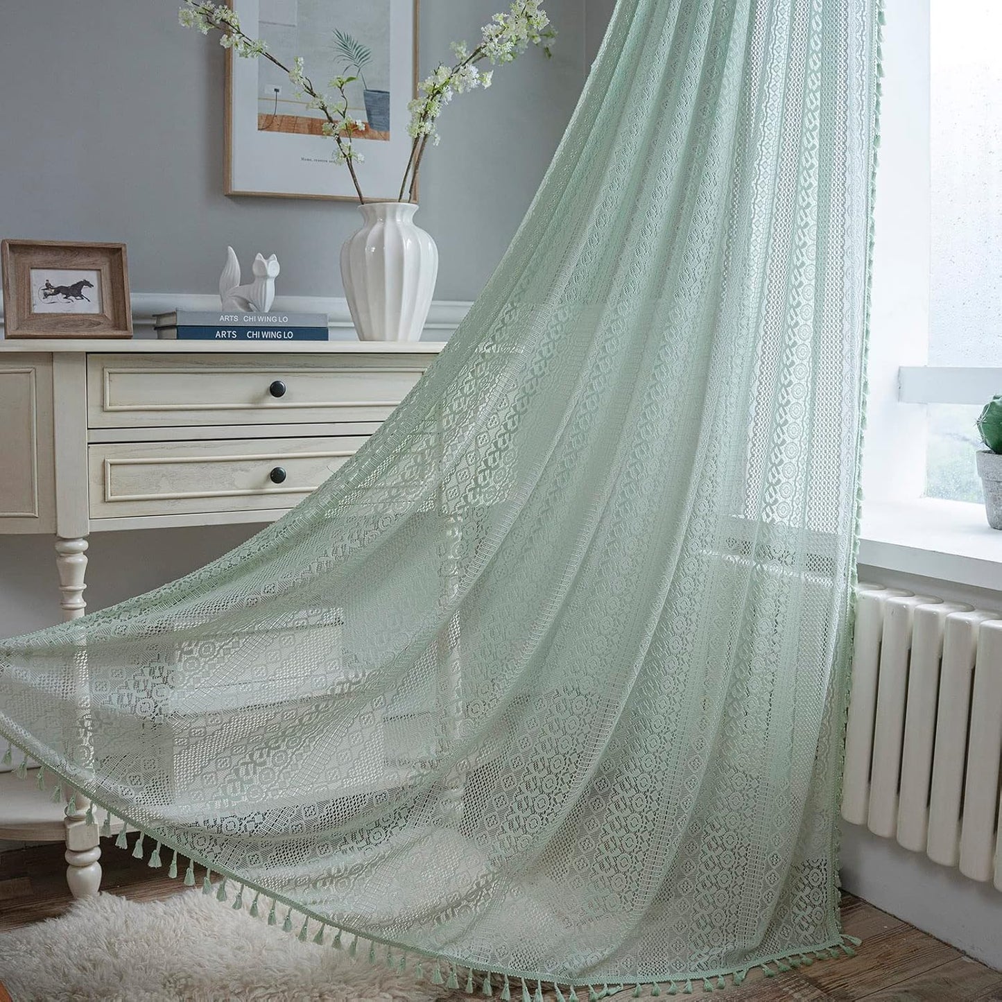 BHUSB Farmhouse Curtains for Living Room 84 Inch Length,Boho Floral Cotton Linen Window Curtains Semi-Blackout Drapes for Bedroom,Bohemian Decoration Drapes,2 Panels