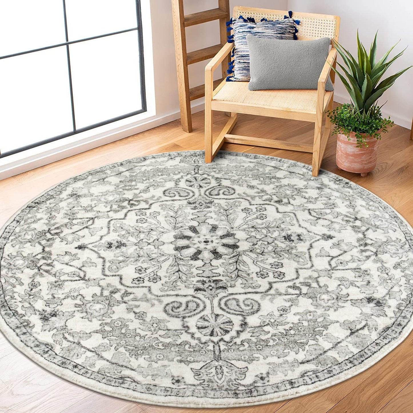 Lahome Bohemian Floral Medallion Round Rug - 4Ft Soft Bedroom Area Rug Oriental Distressed Washable Entryway Foyer Throw Mat Non-Slip Door Carpet for Dining Living Room Bedside Nursery, Orange/Multi