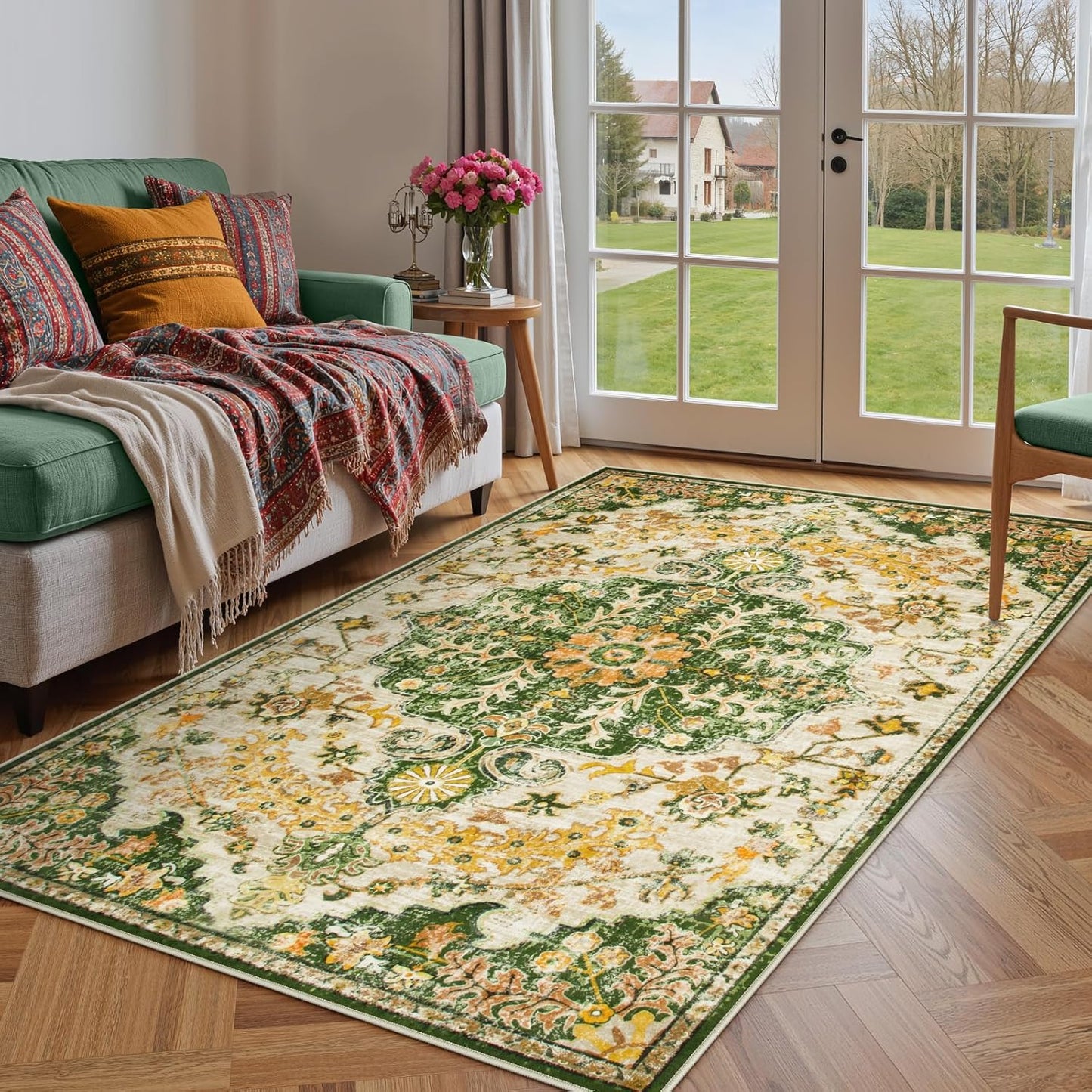 Lahome Bohemian Floral Medallion Round Rug - 4Ft Soft Bedroom Area Rug Oriental Distressed Washable Entryway Foyer Throw Mat Non-Slip Door Carpet for Dining Living Room Bedside Nursery, Orange/Multi