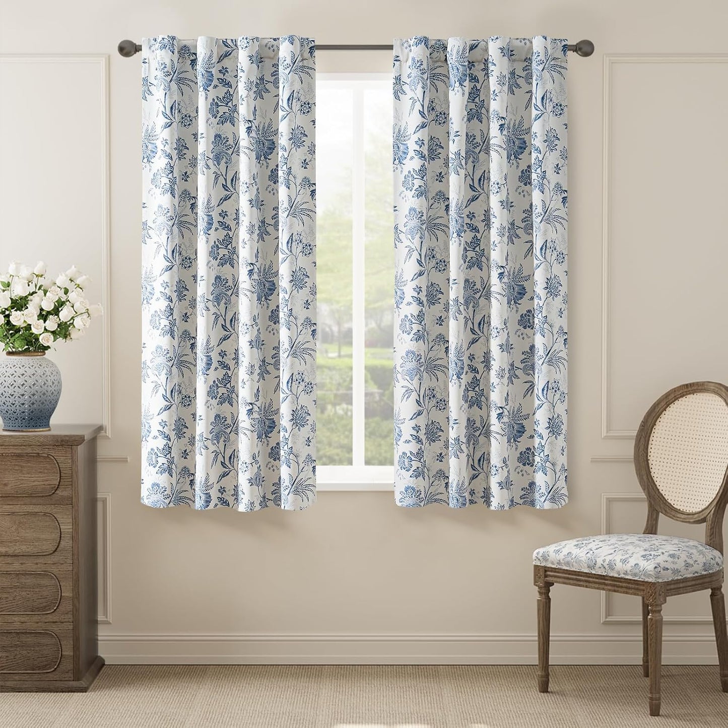 jinchan Blackout Floral Curtains for Bedroom, 96 Inches Long Printed Flower Black Out Curtains, French Country Back Tab Sage Green Window Treatment Farmhouse Drapes Set 2 Panels Green