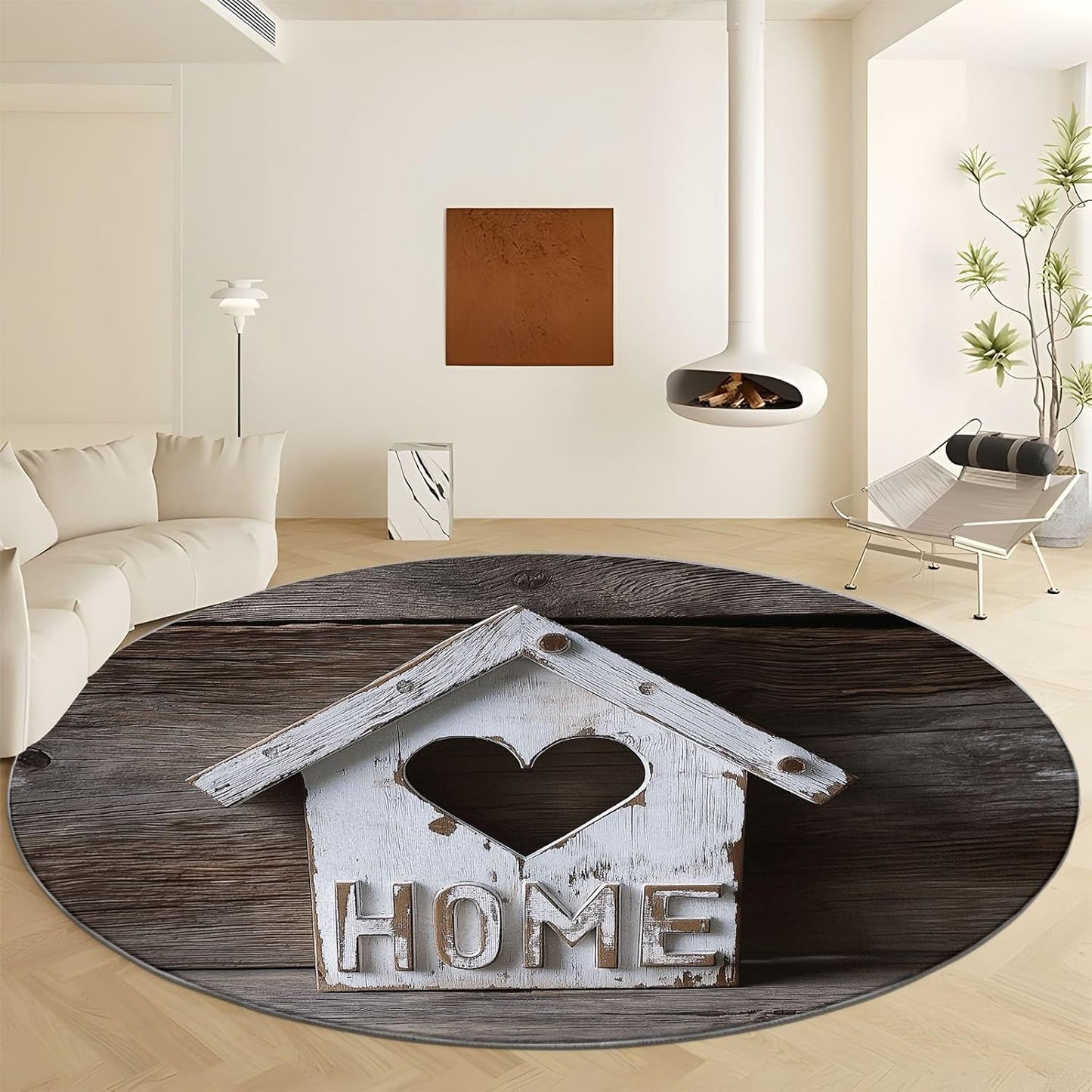 Round Area Rug 7 ft Country Style White Wood House Non-Slip Washable Round Rug, Tan Accent Carpet for Dining Room, Living Room, Bedroom, Entryway and Kitchen