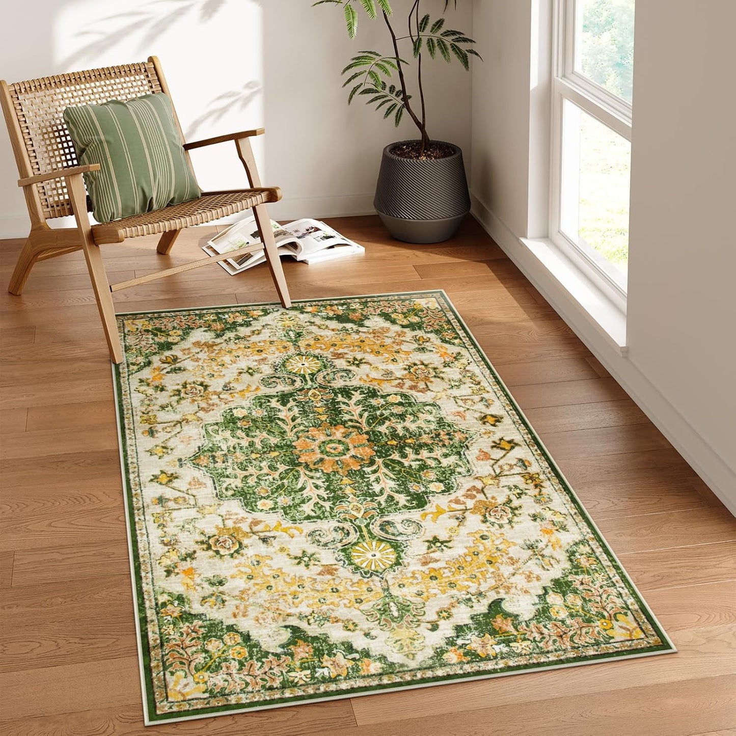 Lahome Bohemian Floral Medallion Round Rug - 4Ft Soft Bedroom Area Rug Oriental Distressed Washable Entryway Foyer Throw Mat Non-Slip Door Carpet for Dining Living Room Bedside Nursery, Orange/Multi