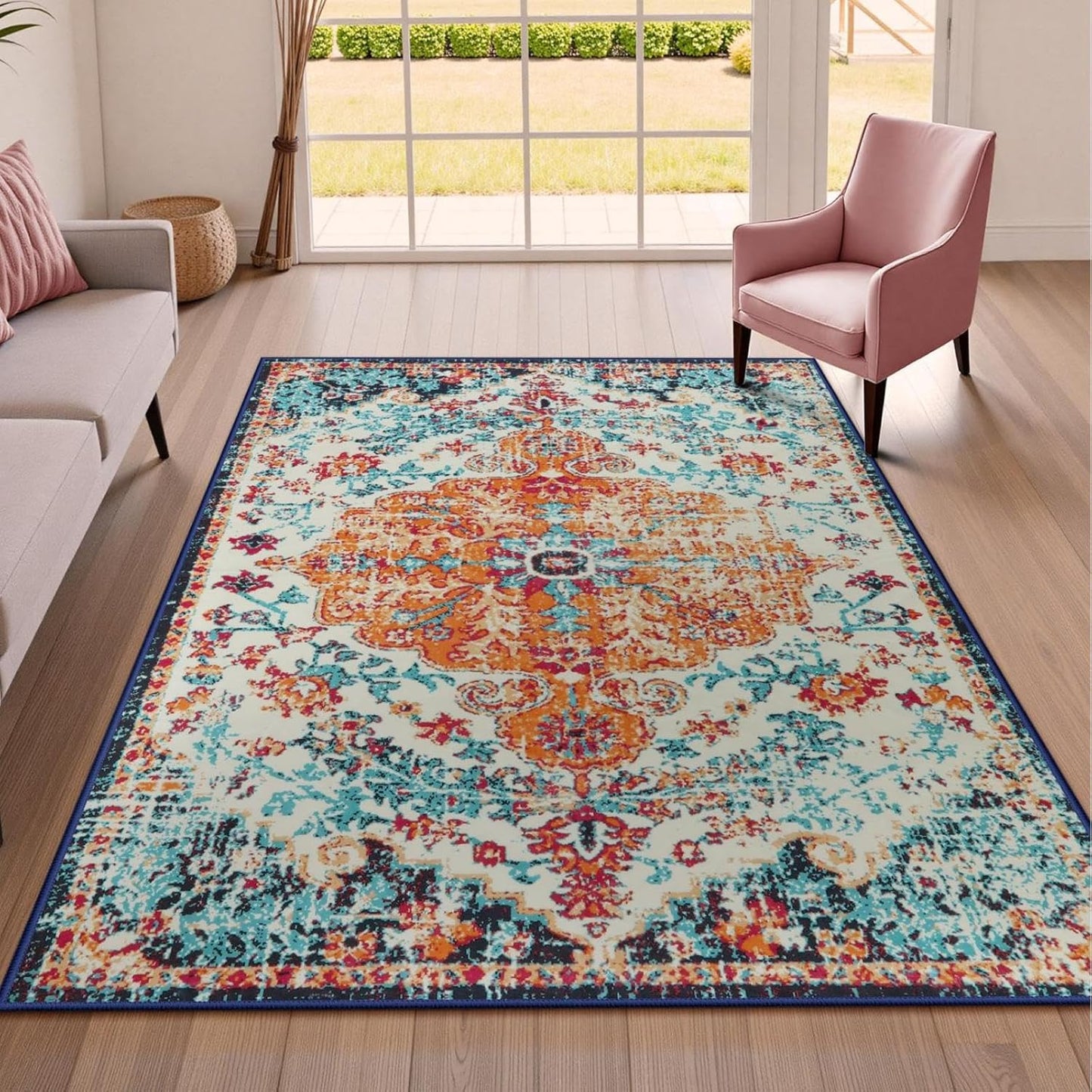 Lahome Bohemian Floral Medallion Round Rug - 4Ft Soft Bedroom Area Rug Oriental Distressed Washable Entryway Foyer Throw Mat Non-Slip Door Carpet for Dining Living Room Bedside Nursery, Orange/Multi