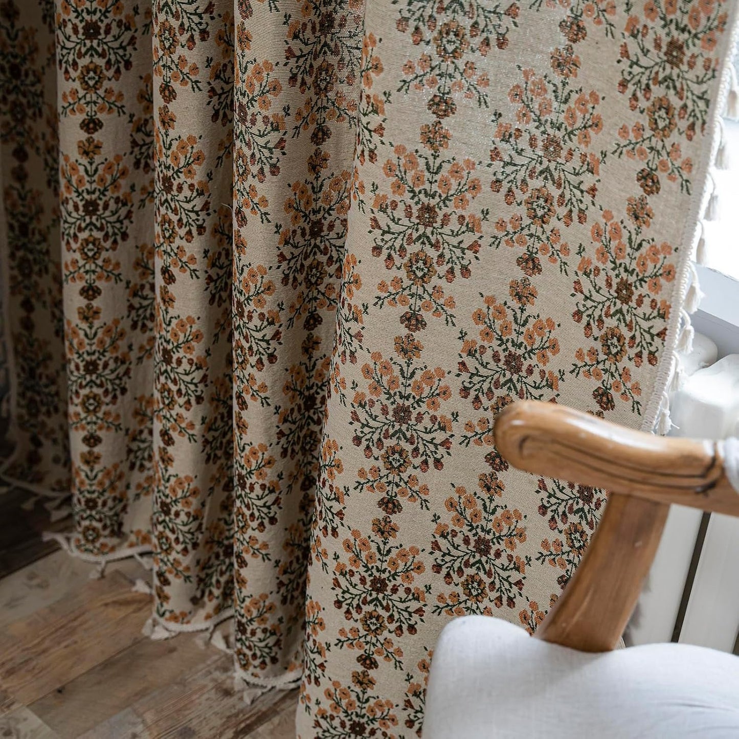 ENJOYBRIDAL Floral Curtains 84 Inch Length 2 Panels Vintage Flower Patterned Drapes Boho Semi Sheer Tassel Rustic Country Rod Pocket Botanical Farmhouse Window Curtain Panels for Bedroom Living Room