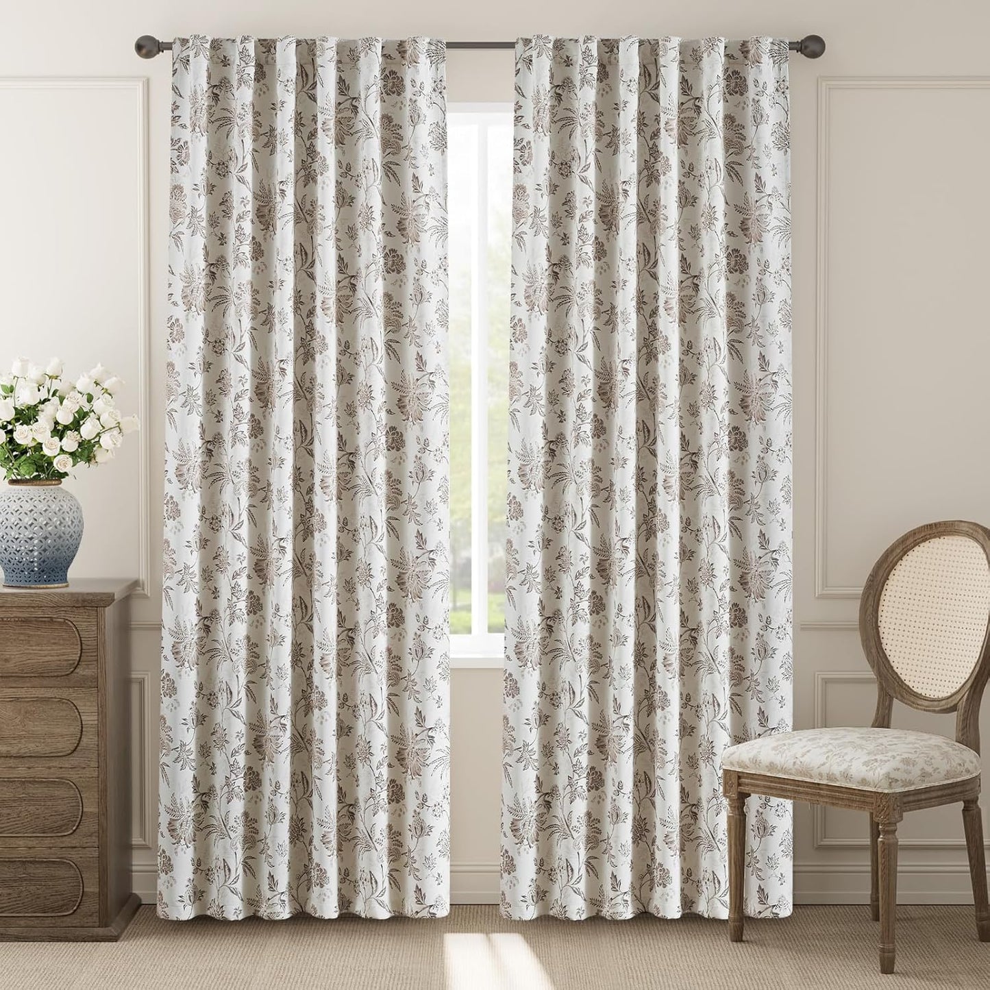 jinchan Blackout Floral Curtains for Bedroom, 96 Inches Long Printed Flower Black Out Curtains, French Country Back Tab Sage Green Window Treatment Farmhouse Drapes Set 2 Panels Green