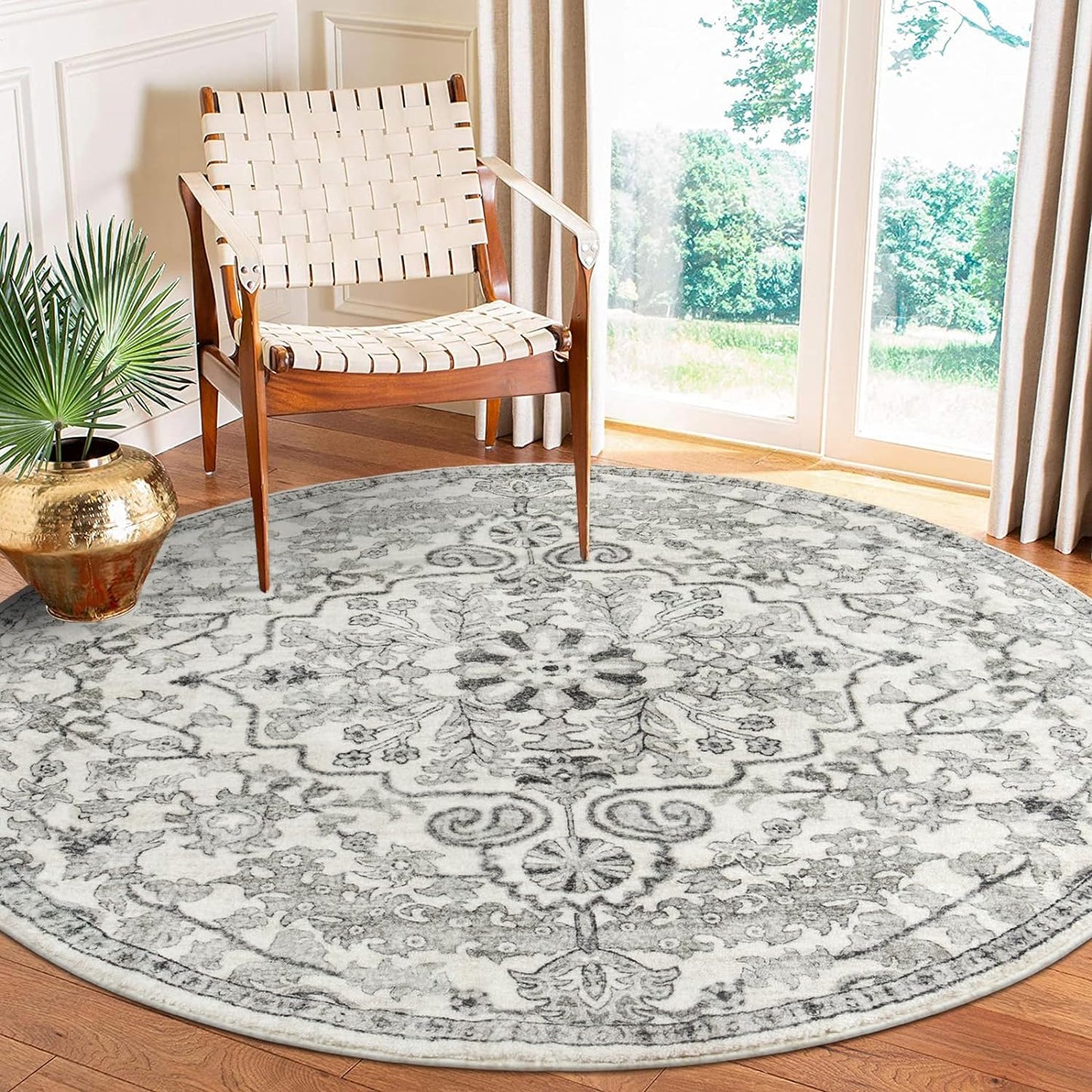 Lahome Bohemian Floral Medallion Round Rug - 4Ft Soft Bedroom Area Rug Oriental Distressed Washable Entryway Foyer Throw Mat Non-Slip Door Carpet for Dining Living Room Bedside Nursery, Orange/Multi