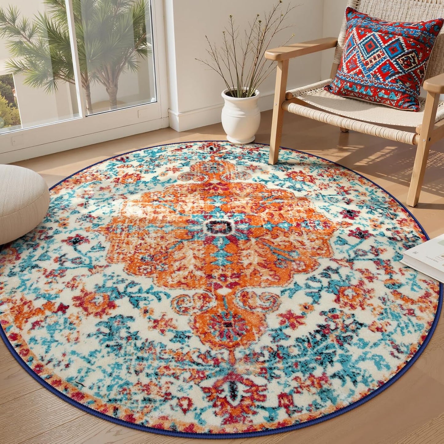 Lahome Bohemian Floral Medallion Round Rug - 4Ft Soft Bedroom Area Rug Oriental Distressed Washable Entryway Foyer Throw Mat Non-Slip Door Carpet for Dining Living Room Bedside Nursery, Orange/Multi