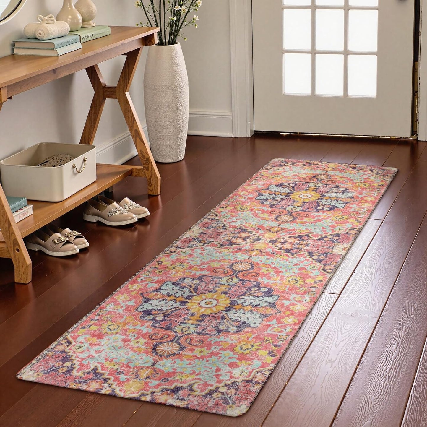 Lahome Bohemian Floral Medallion Round Rug - 4Ft Soft Bedroom Area Rug Oriental Distressed Washable Entryway Foyer Throw Mat Non-Slip Door Carpet for Dining Living Room Bedside Nursery, Orange/Multi