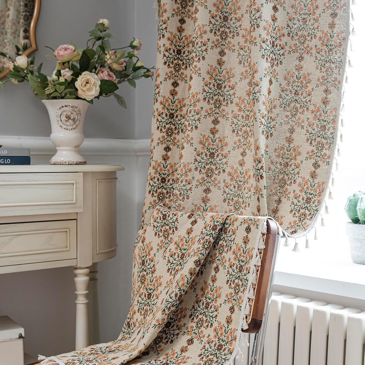 BHUSB Farmhouse Curtains for Living Room 84 Inch Length,Boho Floral Cotton Linen Window Curtains Semi-Blackout Drapes for Bedroom,Bohemian Decoration Drapes,2 Panels