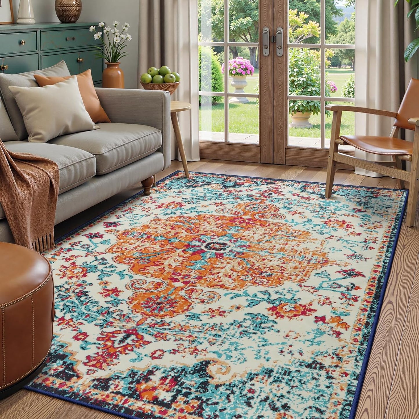 Lahome Bohemian Floral Medallion Round Rug - 4Ft Soft Bedroom Area Rug Oriental Distressed Washable Entryway Foyer Throw Mat Non-Slip Door Carpet for Dining Living Room Bedside Nursery, Orange/Multi