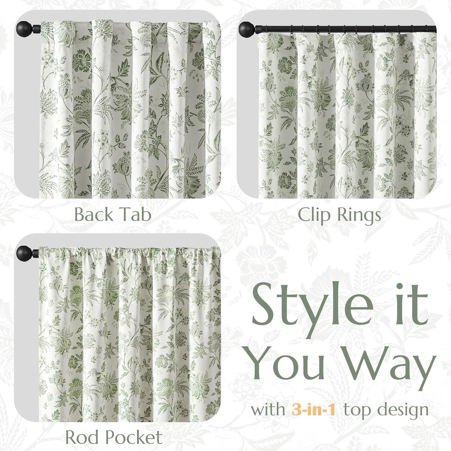 jinchan Blackout Floral Curtains for Bedroom, 96 Inches Long Printed Flower Black Out Curtains, French Country Back Tab Sage Green Window Treatment Farmhouse Drapes Set 2 Panels Green