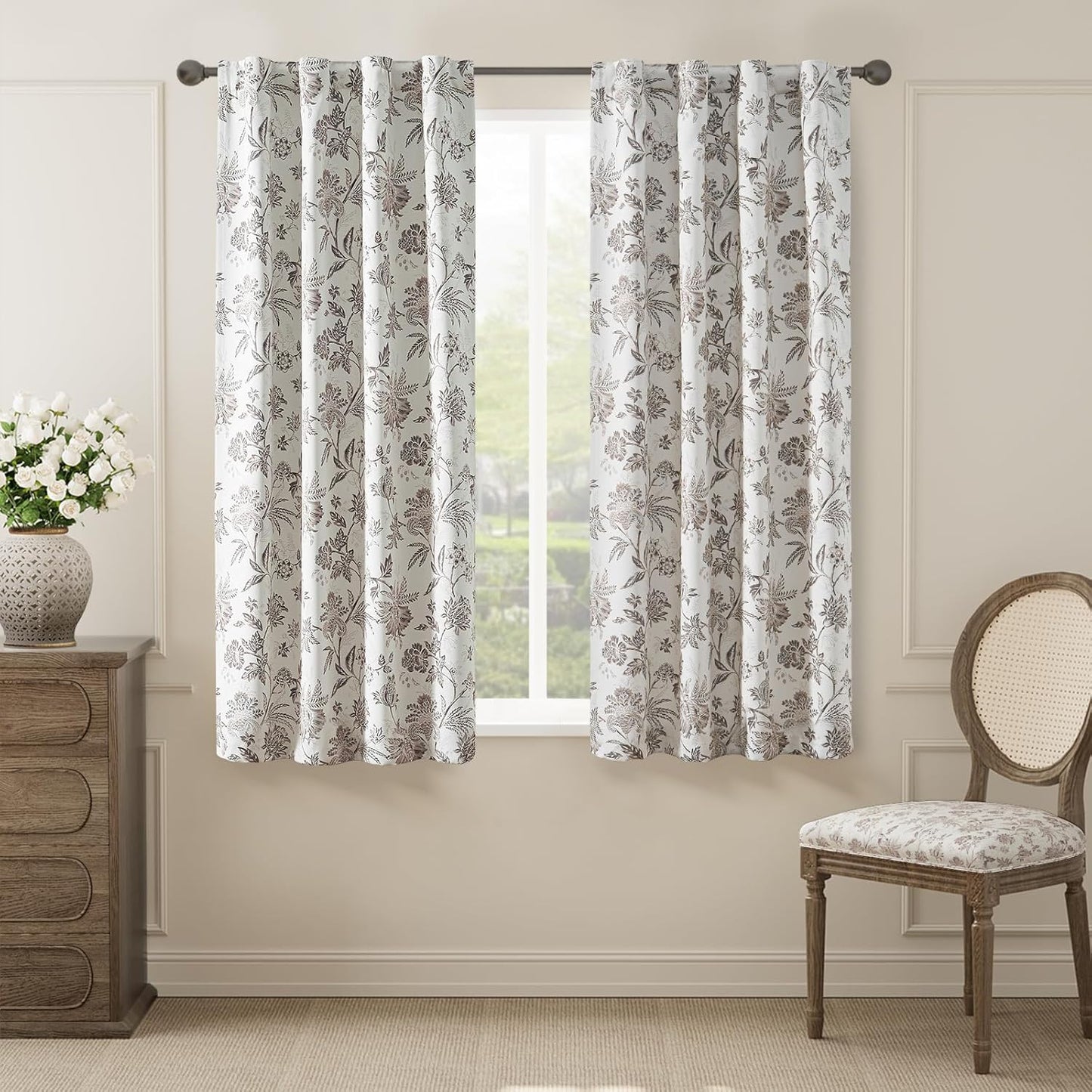 jinchan Blackout Floral Curtains for Bedroom, 96 Inches Long Printed Flower Black Out Curtains, French Country Back Tab Sage Green Window Treatment Farmhouse Drapes Set 2 Panels Green