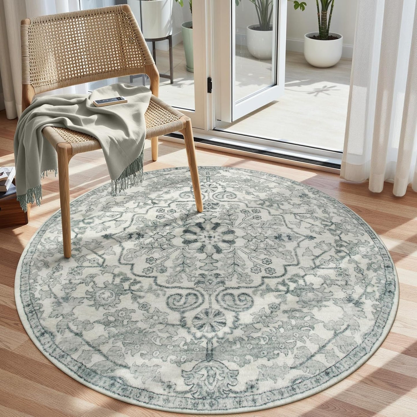 Lahome Bohemian Floral Medallion Round Rug - 4Ft Soft Bedroom Area Rug Oriental Distressed Washable Entryway Foyer Throw Mat Non-Slip Door Carpet for Dining Living Room Bedside Nursery, Orange/Multi