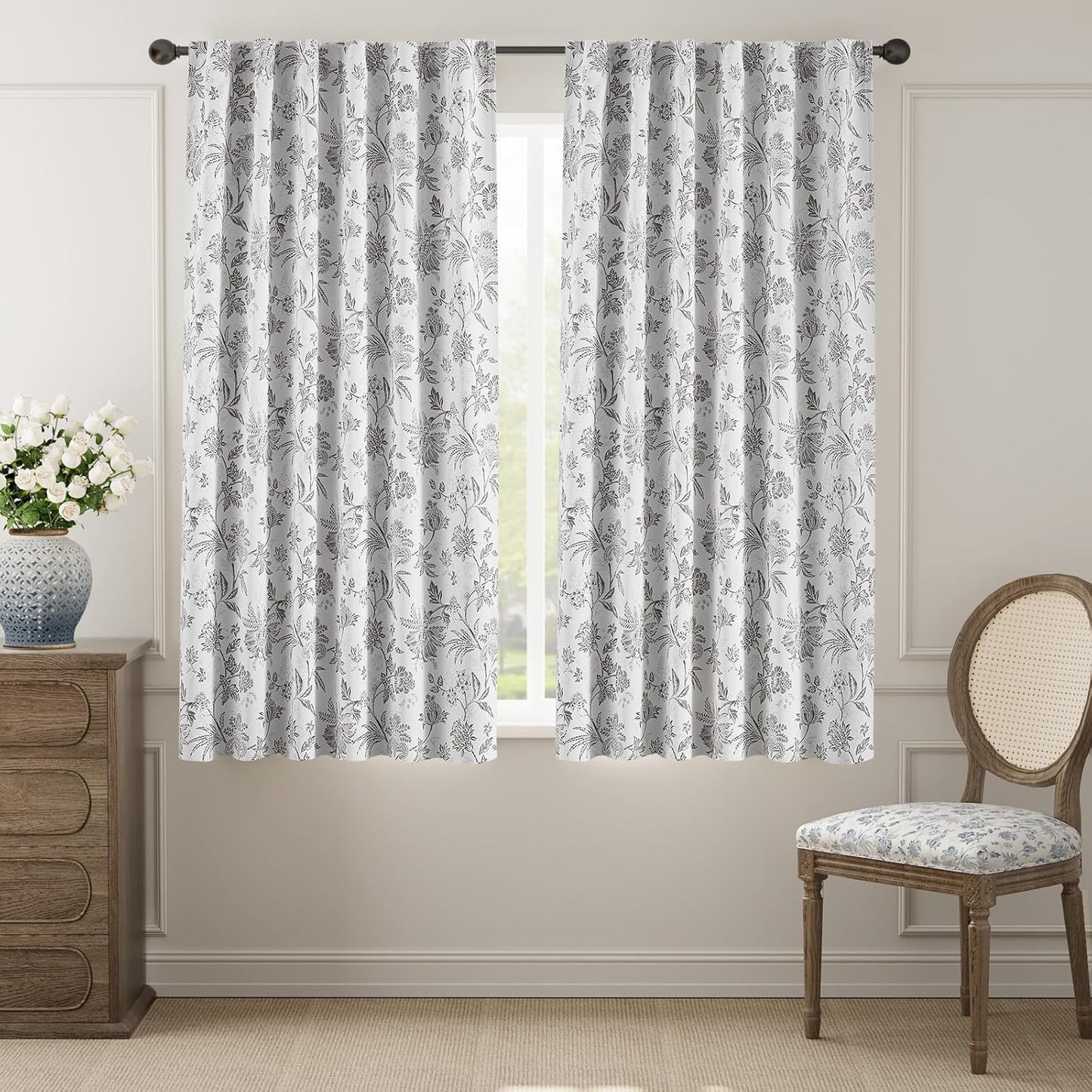 jinchan Blackout Floral Curtains for Bedroom, 96 Inches Long Printed Flower Black Out Curtains, French Country Back Tab Sage Green Window Treatment Farmhouse Drapes Set 2 Panels Green